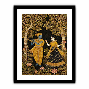 Krishna Radha gold wall art with floral trees in black and gold tones for luxury spiritual home decor