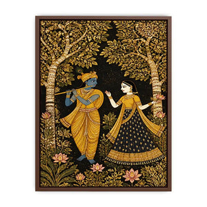 Krishna Radha gold wall art with floral trees in black and gold tones for luxury spiritual home decor