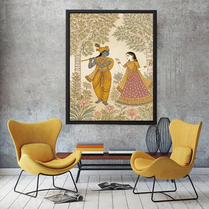 Krishna Radha forest wall art traditional Indian painting canvas serene spiritual decor beige green luxury illustration