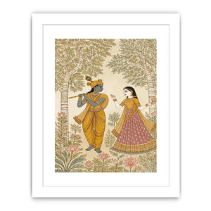 Krishna Radha forest wall art traditional Indian painting canvas serene spiritual decor beige green luxury illustration