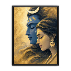 Shiva Parvati wall art canvas gold blue spiritual painting divine couple luxury Indian decor serene artwork