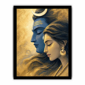 Shiva Parvati wall art canvas gold blue spiritual painting divine couple luxury Indian decor serene artwork