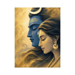 Shiva Parvati wall art canvas gold blue spiritual painting divine couple luxury Indian decor serene artwork