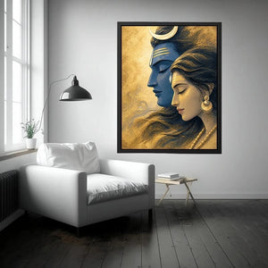 Shiva Parvati wall art canvas gold blue spiritual painting divine couple luxury Indian decor serene artwork