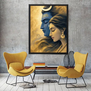 Shiva Parvati wall art canvas gold blue spiritual painting divine couple luxury Indian decor serene artwork