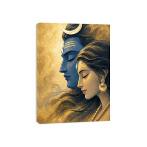Shiva Parvati wall art canvas gold blue spiritual painting divine couple luxury Indian decor serene artwork