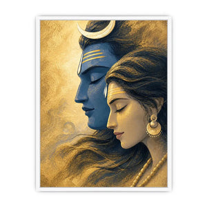 Shiva Parvati wall art canvas gold blue spiritual painting divine couple luxury Indian decor serene artwork