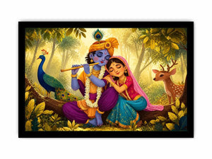 Krishna Radha forest wall art canvas colorful spiritual painting peacock deer nature Indian decor kids friendly artwork