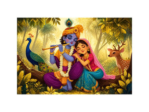 Krishna Radha forest wall art canvas colorful spiritual painting peacock deer nature Indian decor kids friendly artwork
