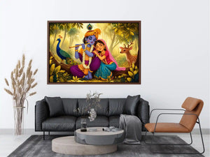 Krishna Radha forest wall art canvas colorful spiritual painting peacock deer nature Indian decor kids friendly artwork
