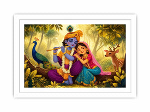 Krishna Radha forest wall art canvas colorful spiritual painting peacock deer nature Indian decor kids friendly artwork