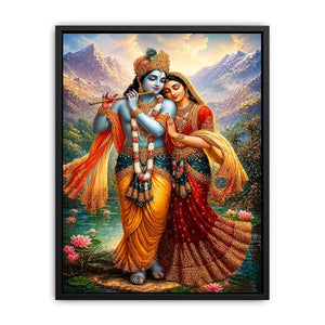 Krishna Radha mountain wall art canvas lotus lake spiritual painting divine couple luxury Indian decor vibrant artwork