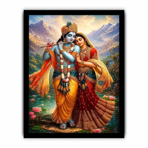 Krishna Radha mountain wall art canvas lotus lake spiritual painting divine couple luxury Indian decor vibrant artwork