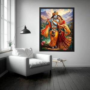 Krishna Radha mountain wall art canvas lotus lake spiritual painting divine couple luxury Indian decor vibrant artwork