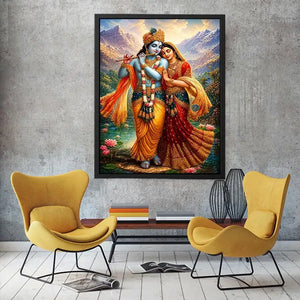 Krishna Radha mountain wall art canvas lotus lake spiritual painting divine couple luxury Indian decor vibrant artwork