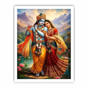 Krishna Radha mountain wall art canvas lotus lake spiritual painting divine couple luxury Indian decor vibrant artwork