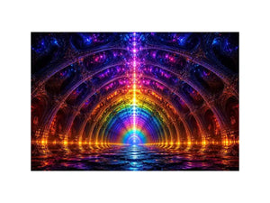 Rainbow futuristic tunnel with glowing architectural symmetry neon canvas art for modern luxury wall decor