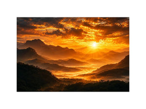 Dramatic sunrise over layered mountains canvas art for elegant living room decor