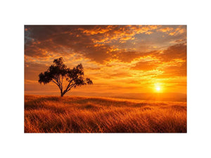 Lone tree sunset landscape canvas art for warm living room decor.