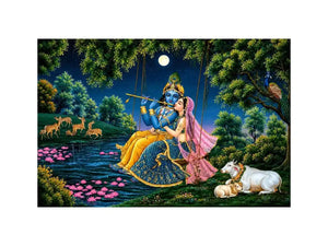 Krishna and Radha spiritual canvas art for peaceful living room decor.