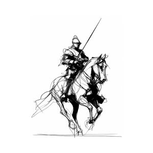 Black line art horse and knight artwork for modern office or hallway decor.
