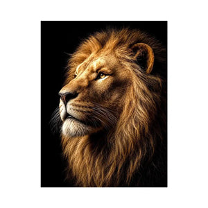 Dramatic lion portrait canvas art with black background for luxury office decor.