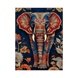 Ornate royal elephant canvas art with blue red and gold details for eclectic decor.