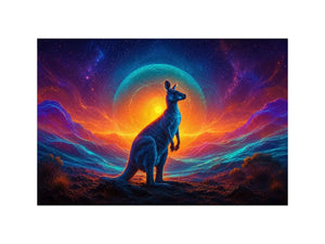 Neon kangaroo landscape canvas art for bold modern living room decor.