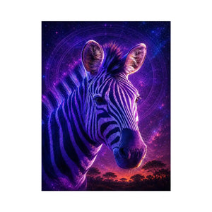 Purple zebra portrait canvas art for bold modern living room decor.