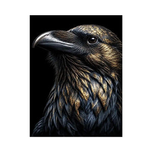 Black raven portrait artwork with gold accents for sophisticated office decor.