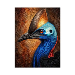 Cassowary portrait wall art with vivid color for eclectic office decor.