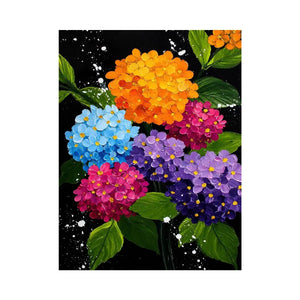 Colorful hydrangea bouquet canvas print with orange blue pink purple flowers green leaves black background and paint splatter details