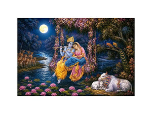 Radha Krishna moonlight Vrindavan canvas print with floral swing river lotus flowers deer peacocks cows and romantic devotional forest scene