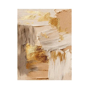 Neutral gold textured abstract canvas print with beige cream gray white brushstrokes and metallic gold accents in modern contemporary style