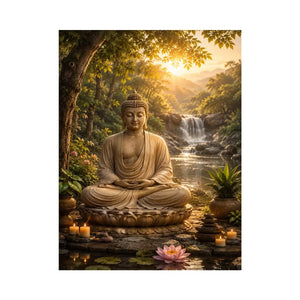 Peaceful Buddha meditation canvas art with lotus and waterfall for serene home decor.