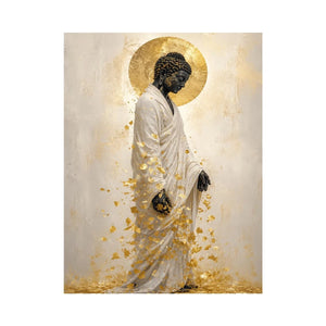 Elegant Buddha portrait canvas art with gold leaves for calm interiors.