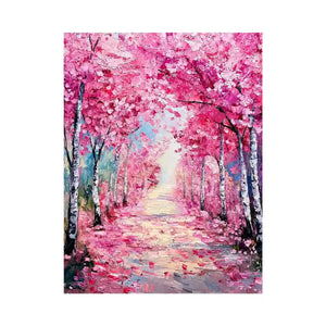 Pink blossom pathway canvas art in impressionist style for elegant bedroom decor.