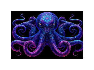 Glowing blue octopus canvas art for bold modern living room decor.