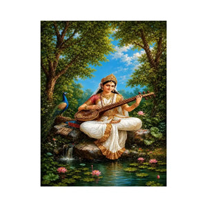 Saraswati veena canvas art with peacock and lotus for elegant living room decor.