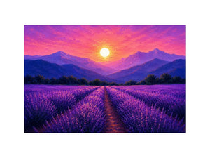 Lavender field landscape canvas art with sunset mountains for elegant bedroom decor.