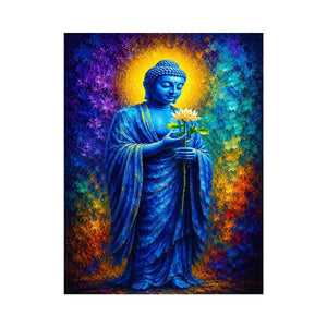 Blue Buddha lotus canvas print in spiritual style for peaceful bedroom or office decor.