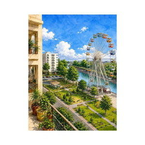 Watercolor riverside city canvas print for airy modern apartment decor.