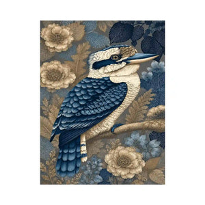 Blue kookaburra canvas print with botanical detail for elegant room decor.