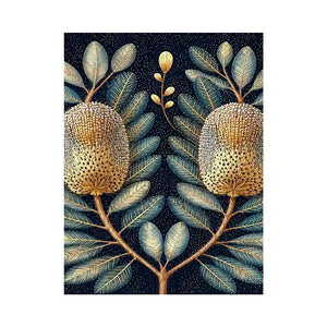 Midnight banksia botanical canvas art for luxury bedroom decor.