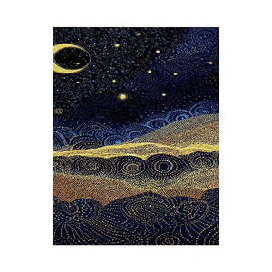 Square blue and gold dot landscape wall art for modern living room decor.