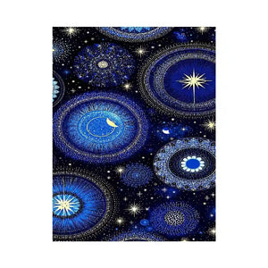 Blue and gold celestial pattern canvas art for dreamy bedroom wall decor.