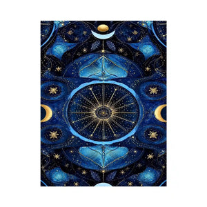 Blue gold celestial mandala wall art for luxury living room decor.