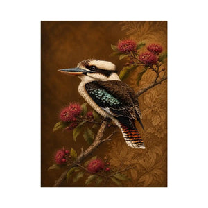 Kookaburra bird canvas art with native flowers for modern living room decor.