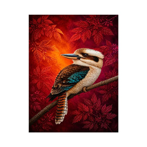 Bright kookaburra bird wall art with red foliage for modern living room decor.