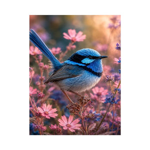 Blue wren bird canvas art with pink flowers for soft bedroom decor.